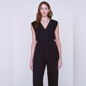 Ann Taylor LOFT Black Double V-Neck Jumpsuit with Elastic Waist and Tie-Back